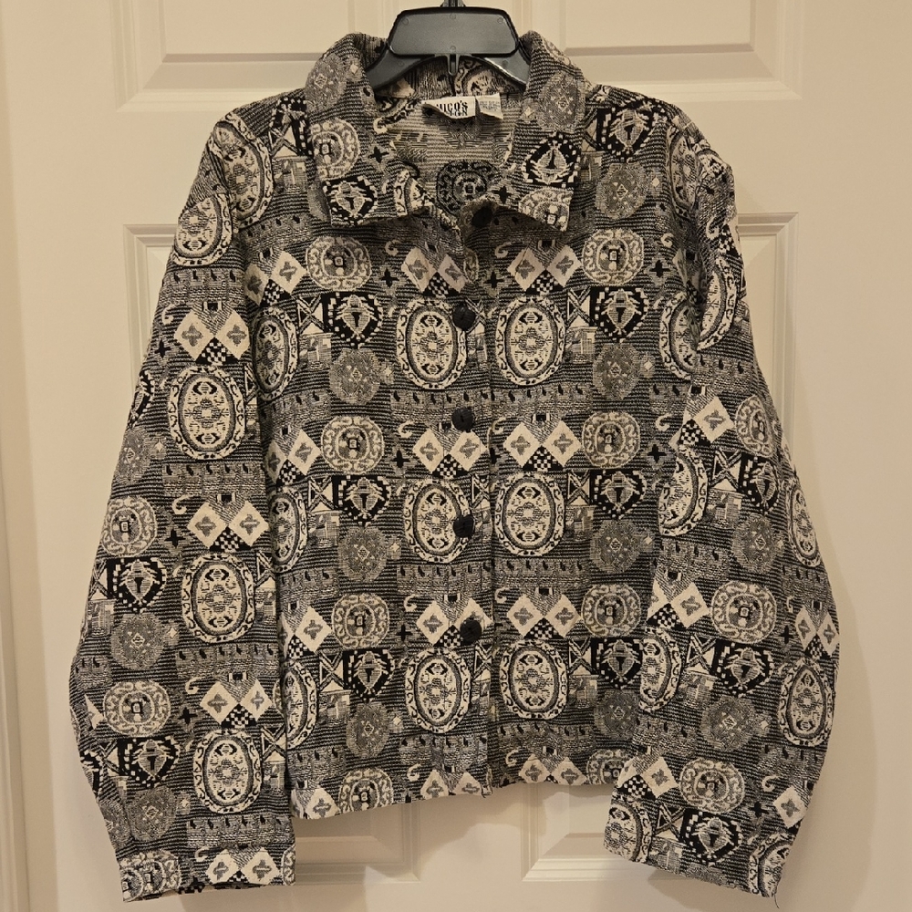 Chico's Tapestry Black White Jacket Size 3
